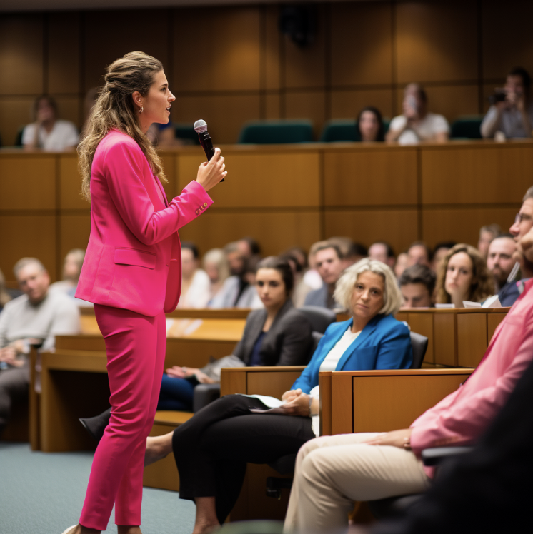 Confident woman in a fuchsia business suit speaking to an attentive audience, symbolizing engaging conversations to unlock LinkedIn success for entrepreneurs.